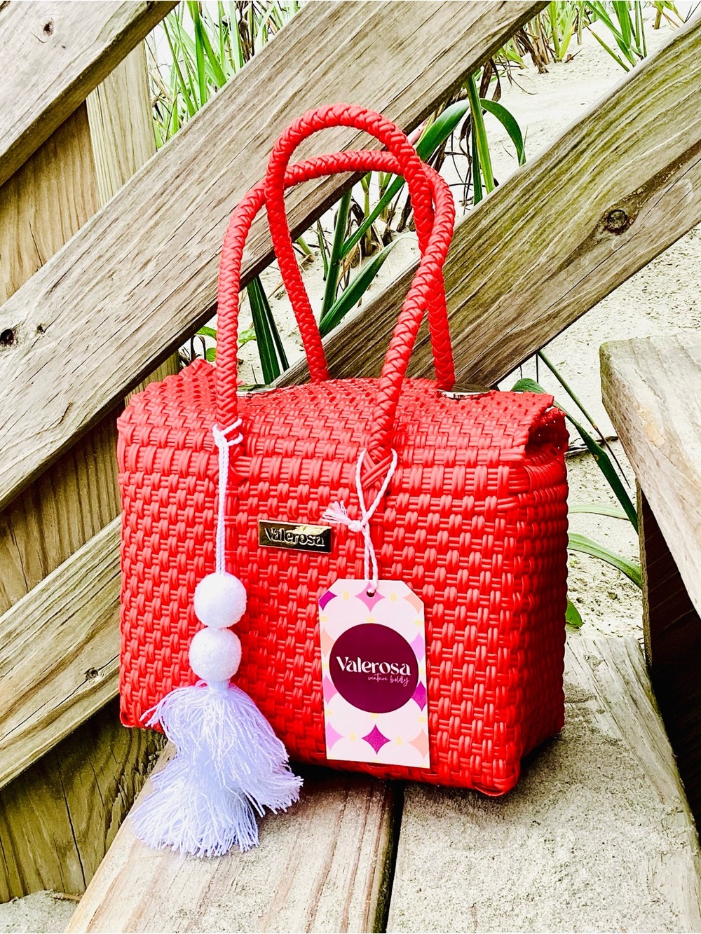 Valerosa Red Woven Satchel with Tassel Accent